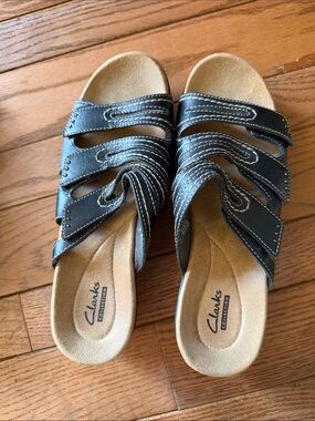 Clarks Black Leather Multi-Strap Slide Mules